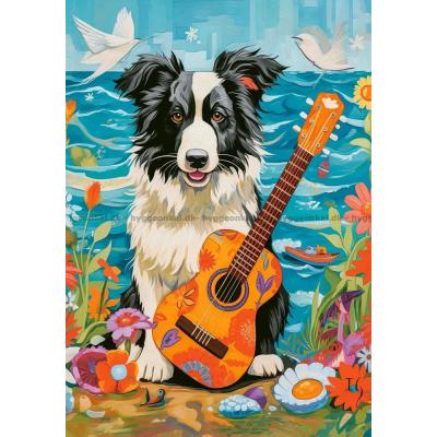 Bild av Collie med gitarr på stranden, 500 bitar