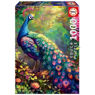 Påfågelns fjäderprakt bland blommor, 1000 bitar