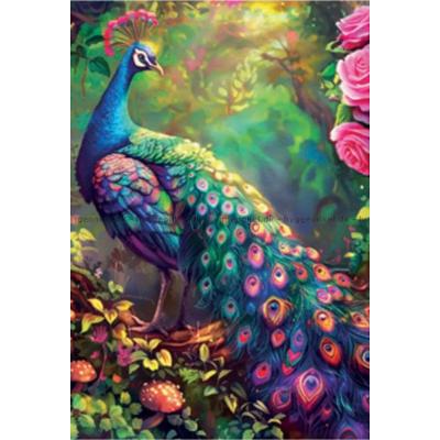 Påfågelns fjäderprakt bland blommor, 1000 bitar