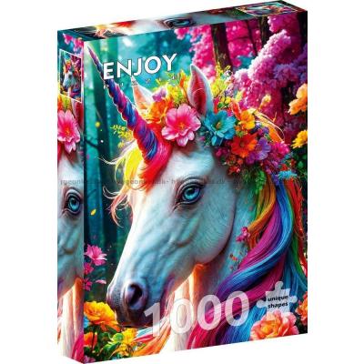 Bild av Enhörning med regnbågshår och blomsterkrans, 1000 bitar