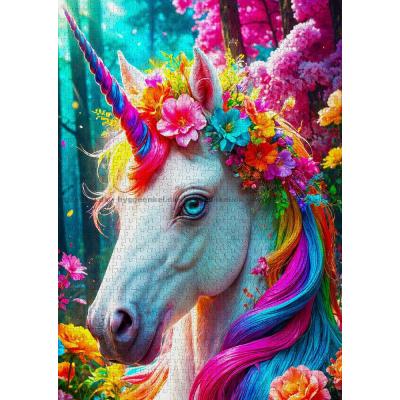 Bild av Enhörning med regnbågshår och blomsterkrans, 1000 bitar