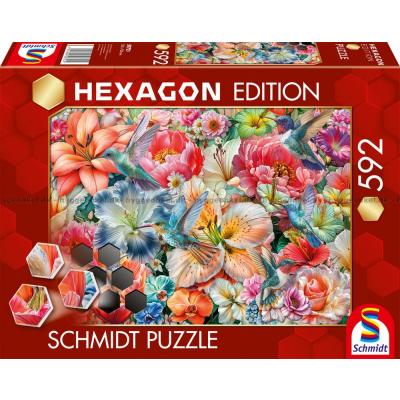 Bild av Hexagon: Färgglada blommor och fåglar, 592 bitar