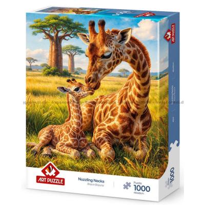 Bild av Giraffmamma och unge i gräset, 1000 bitar