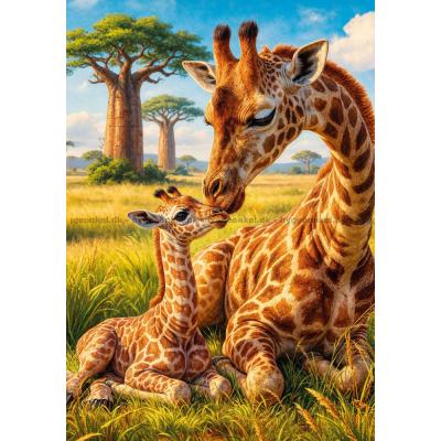 Bild av Giraffmamma och unge i gräset, 1000 bitar